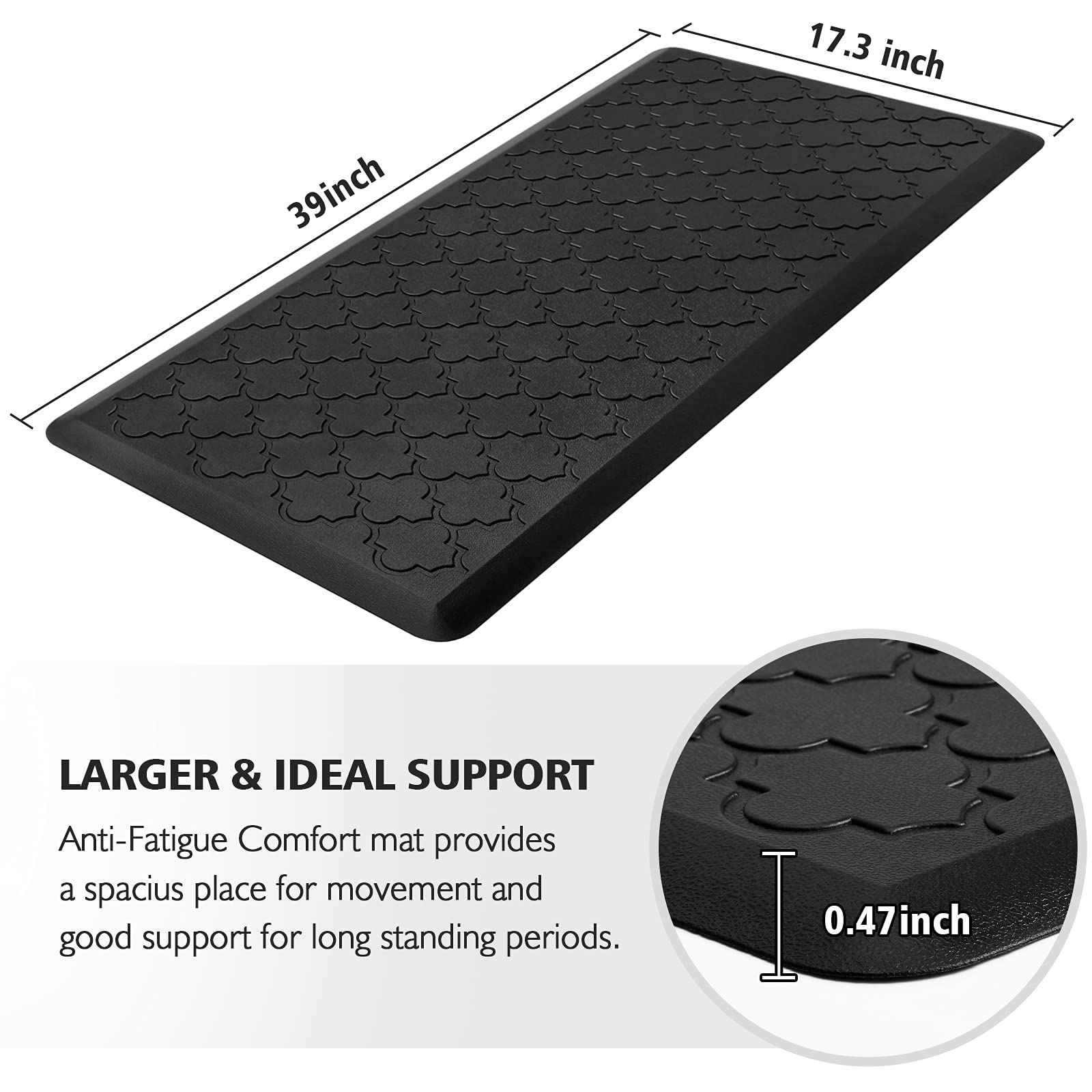 WISELIFE Kitchen Mat Cushioned Anti Fatigue Floor Mat 17.3''x39'' Thick Non Slip Waterproof Kitchen Rugs and Mats Heavy Duty PVC Foam Standing Mat for Kitchen Floor Home Desk Sink Laundry Black